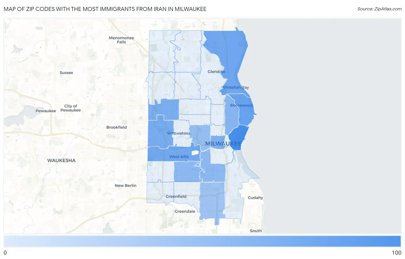 Zip Codes with the Most Immigrants from Iran in Milwaukee Map