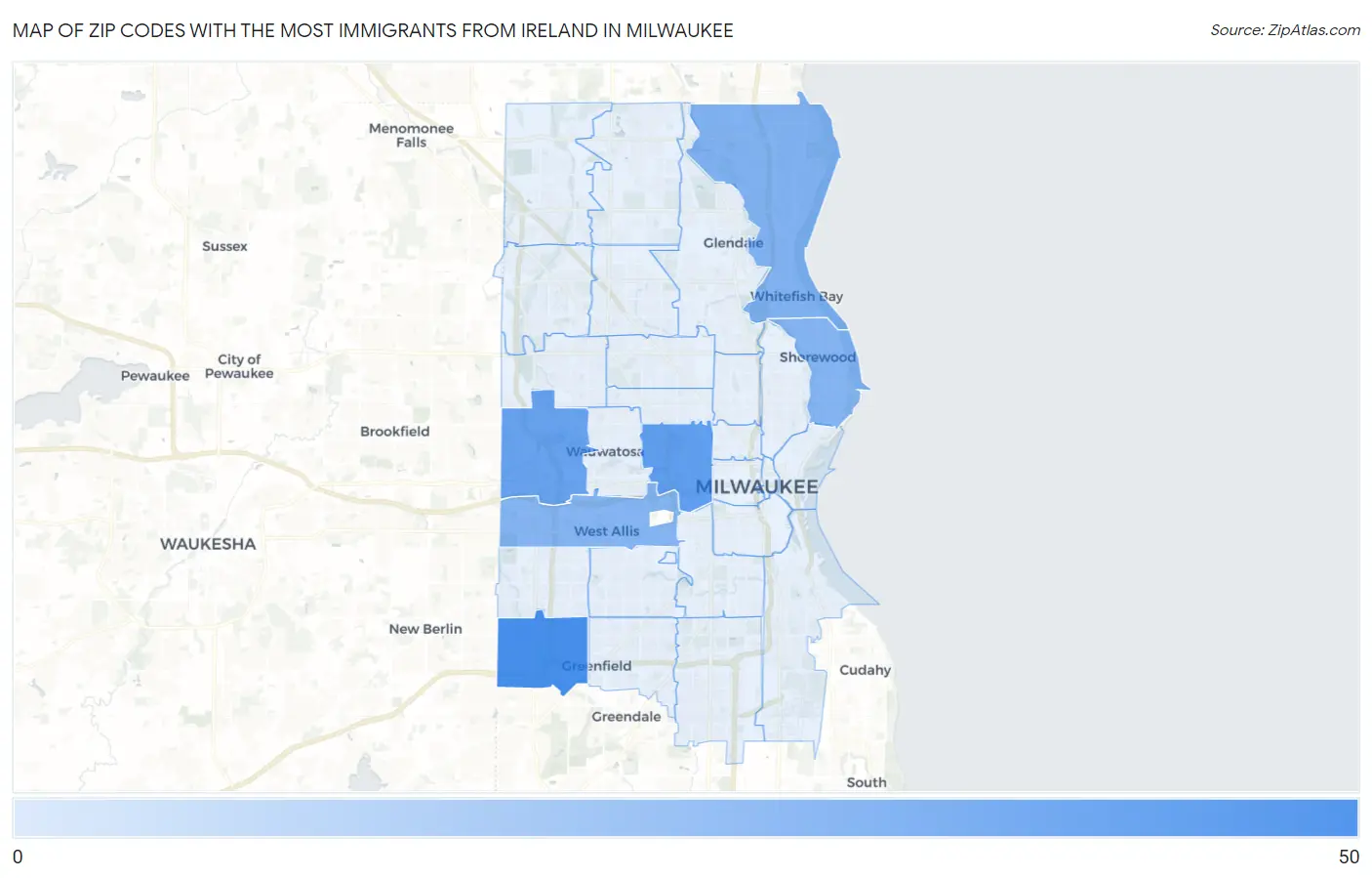 Zip Codes with the Most Immigrants from Ireland in Milwaukee Map