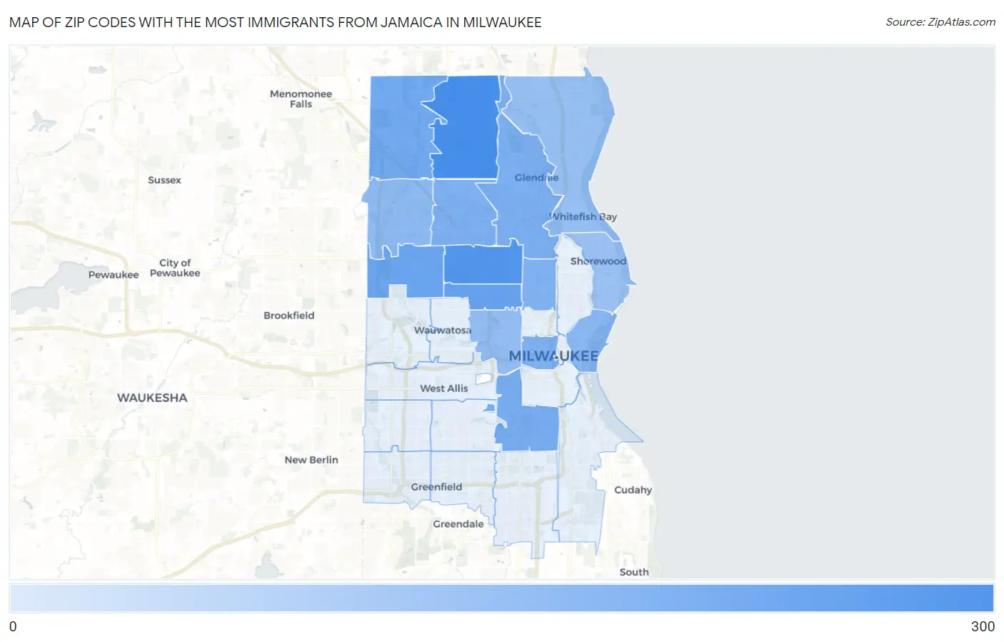 Zip Codes with the Most Immigrants from Jamaica in Milwaukee Map