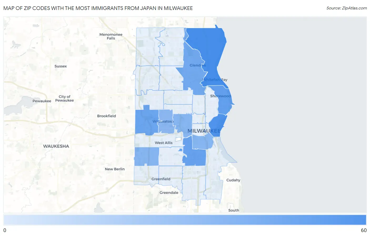 Zip Codes with the Most Immigrants from Japan in Milwaukee Map