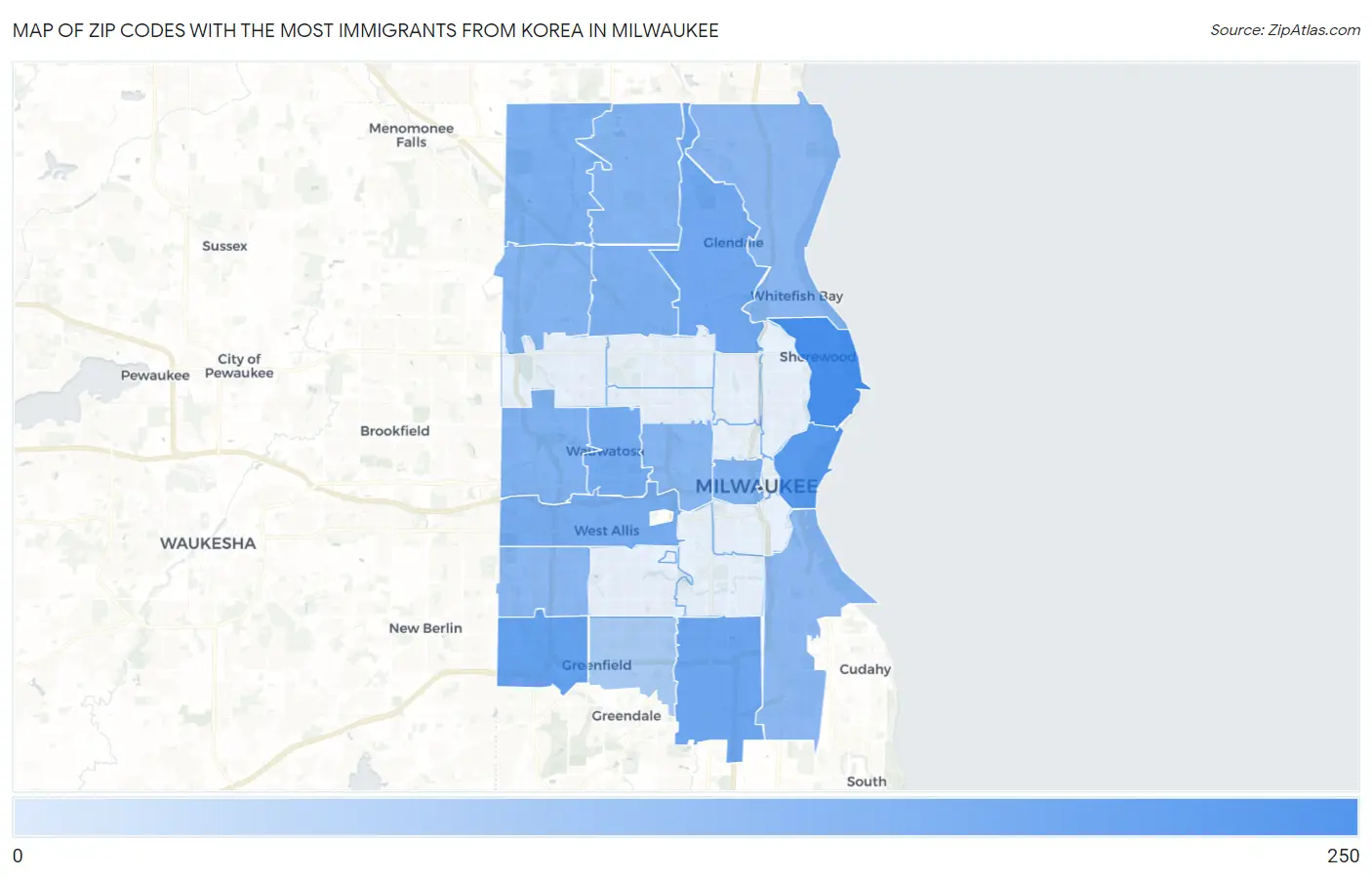 Zip Codes with the Most Immigrants from Korea in Milwaukee Map