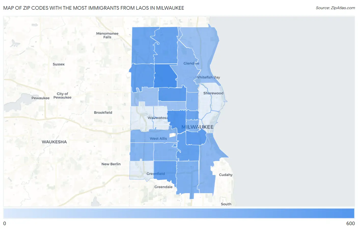 Zip Codes with the Most Immigrants from Laos in Milwaukee Map