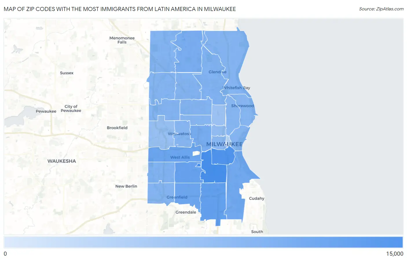 Zip Codes with the Most Immigrants from Latin America in Milwaukee Map