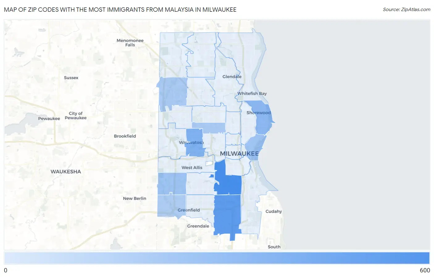Zip Codes with the Most Immigrants from Malaysia in Milwaukee Map
