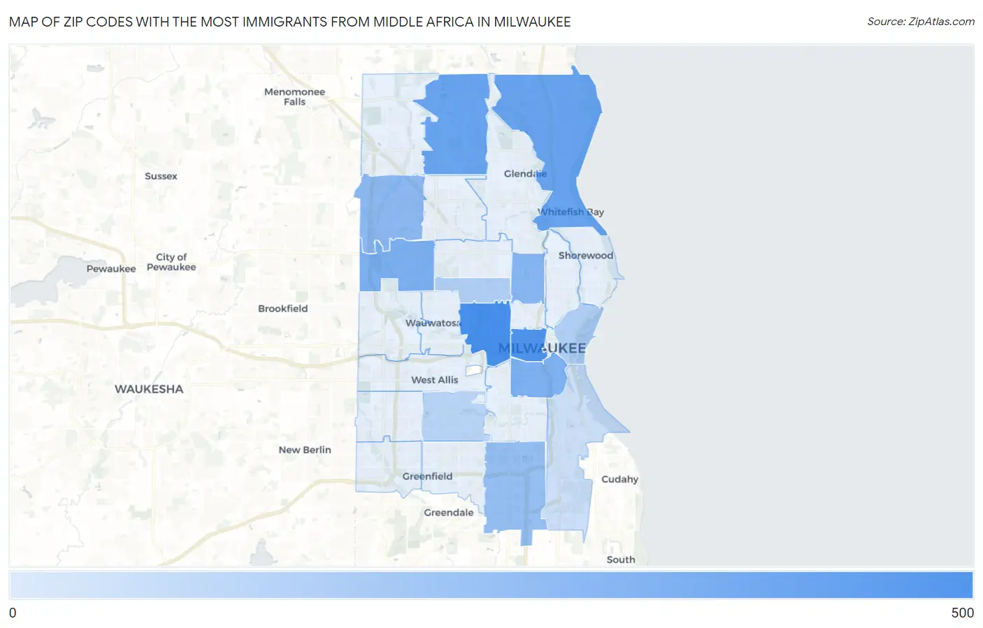 Zip Codes with the Most Immigrants from Middle Africa in Milwaukee Map