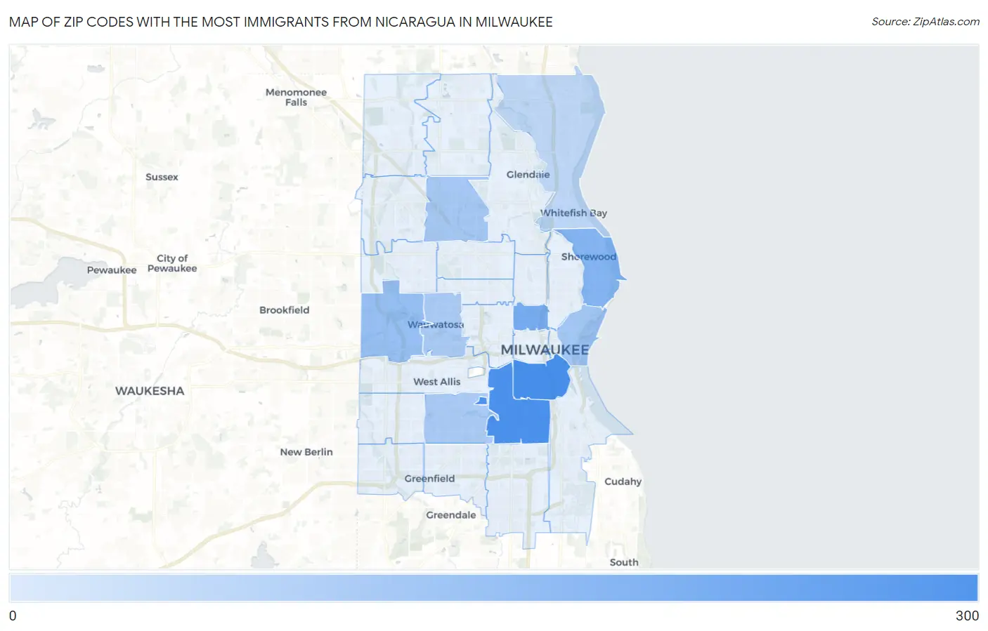 Zip Codes with the Most Immigrants from Nicaragua in Milwaukee Map