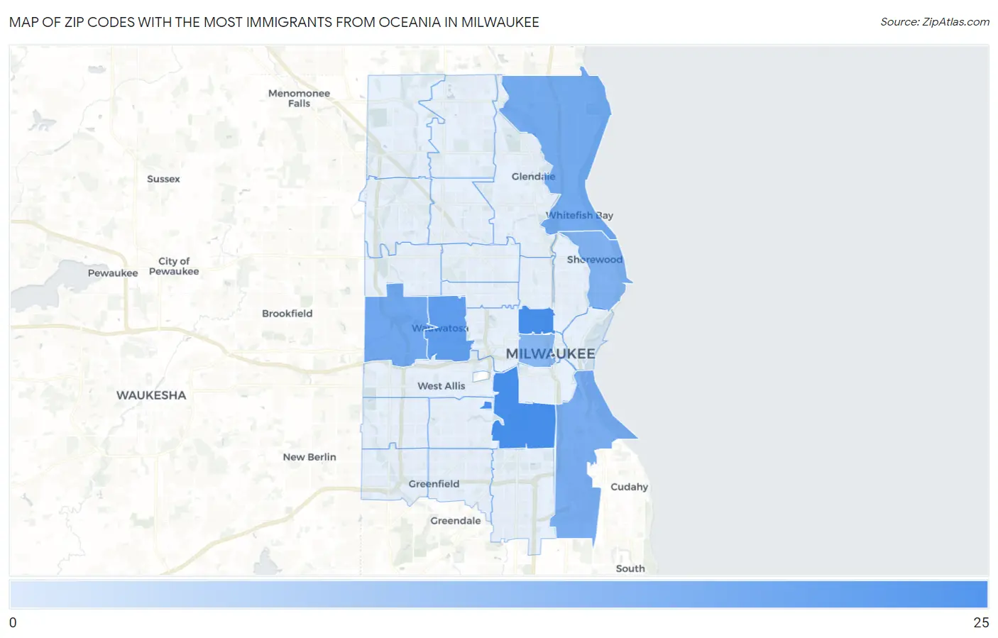 Zip Codes with the Most Immigrants from Oceania in Milwaukee Map