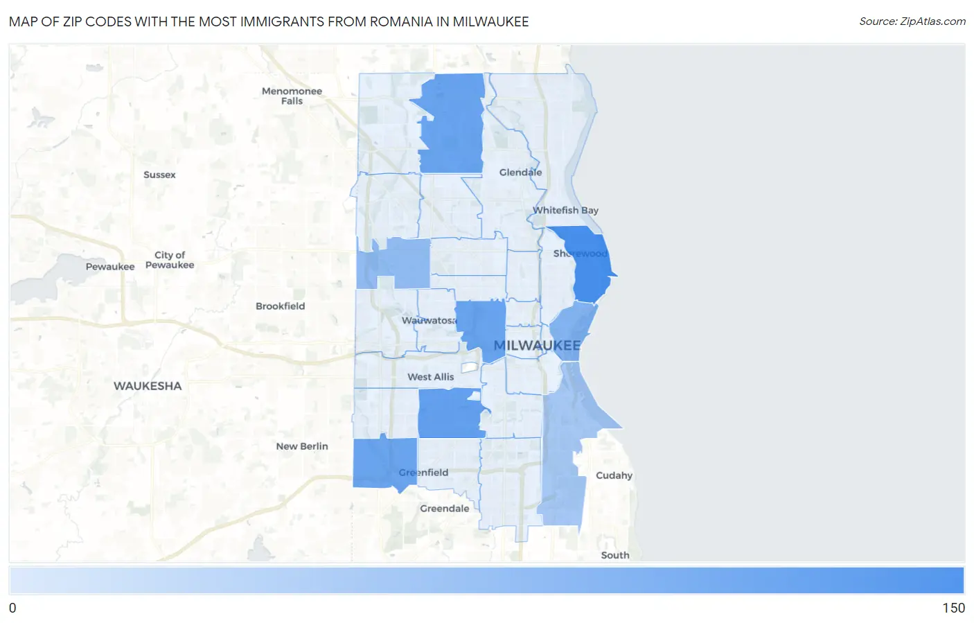 Zip Codes with the Most Immigrants from Romania in Milwaukee Map