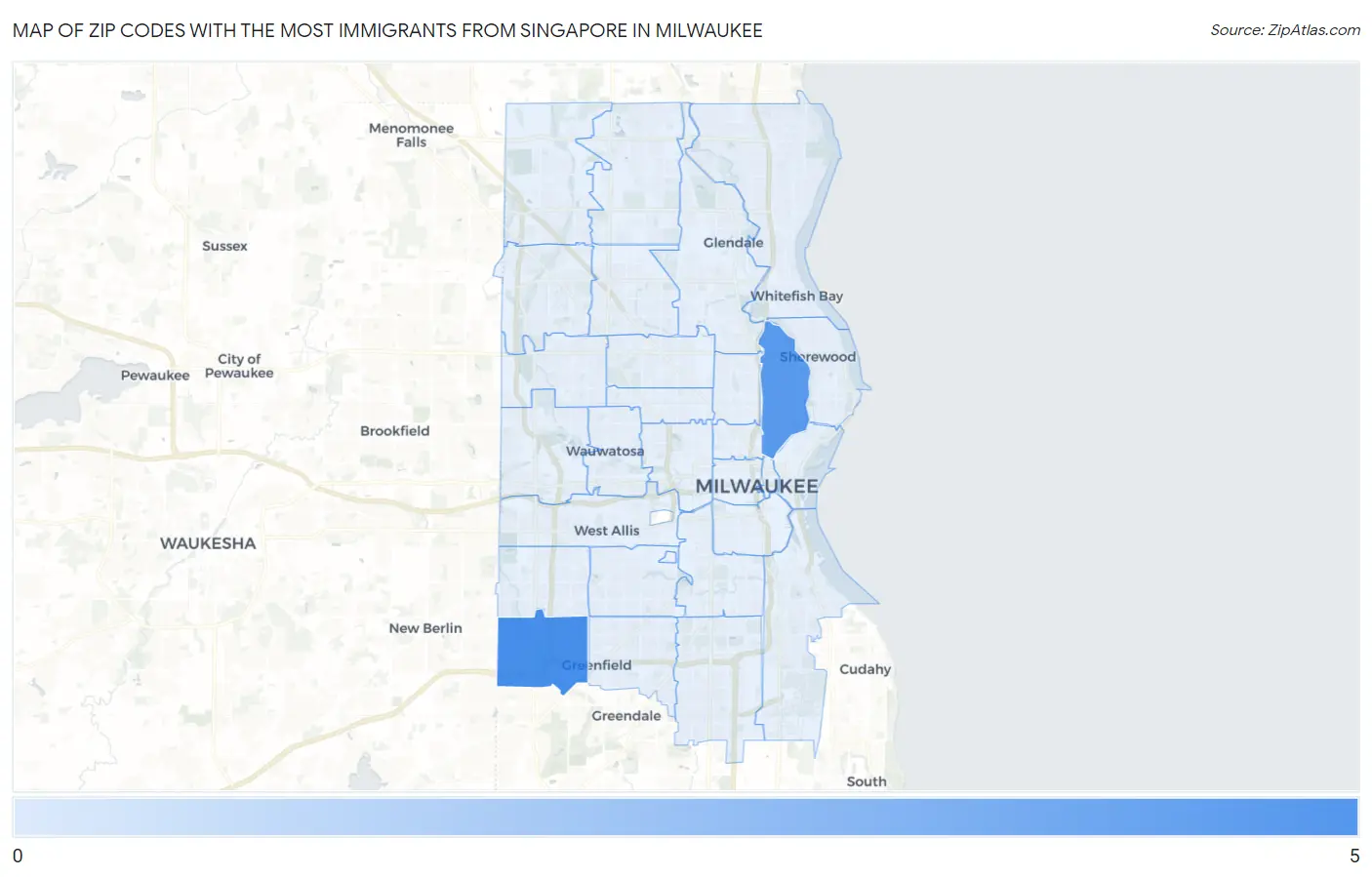 Zip Codes with the Most Immigrants from Singapore in Milwaukee Map