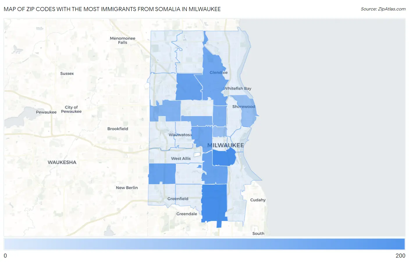 Zip Codes with the Most Immigrants from Somalia in Milwaukee Map