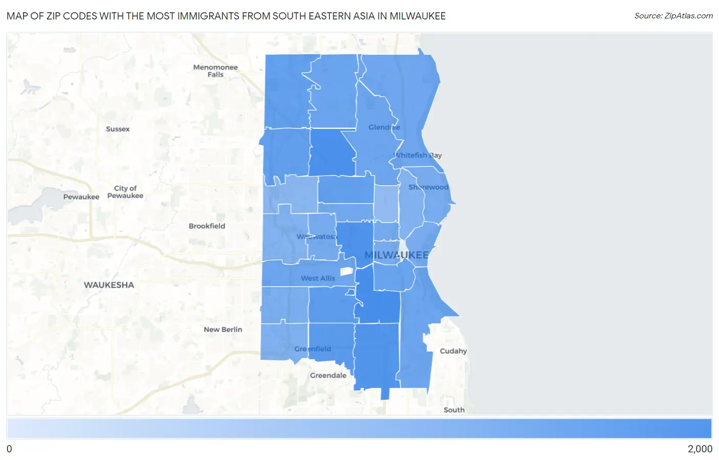 Zip Codes with the Most Immigrants from South Eastern Asia in Milwaukee Map