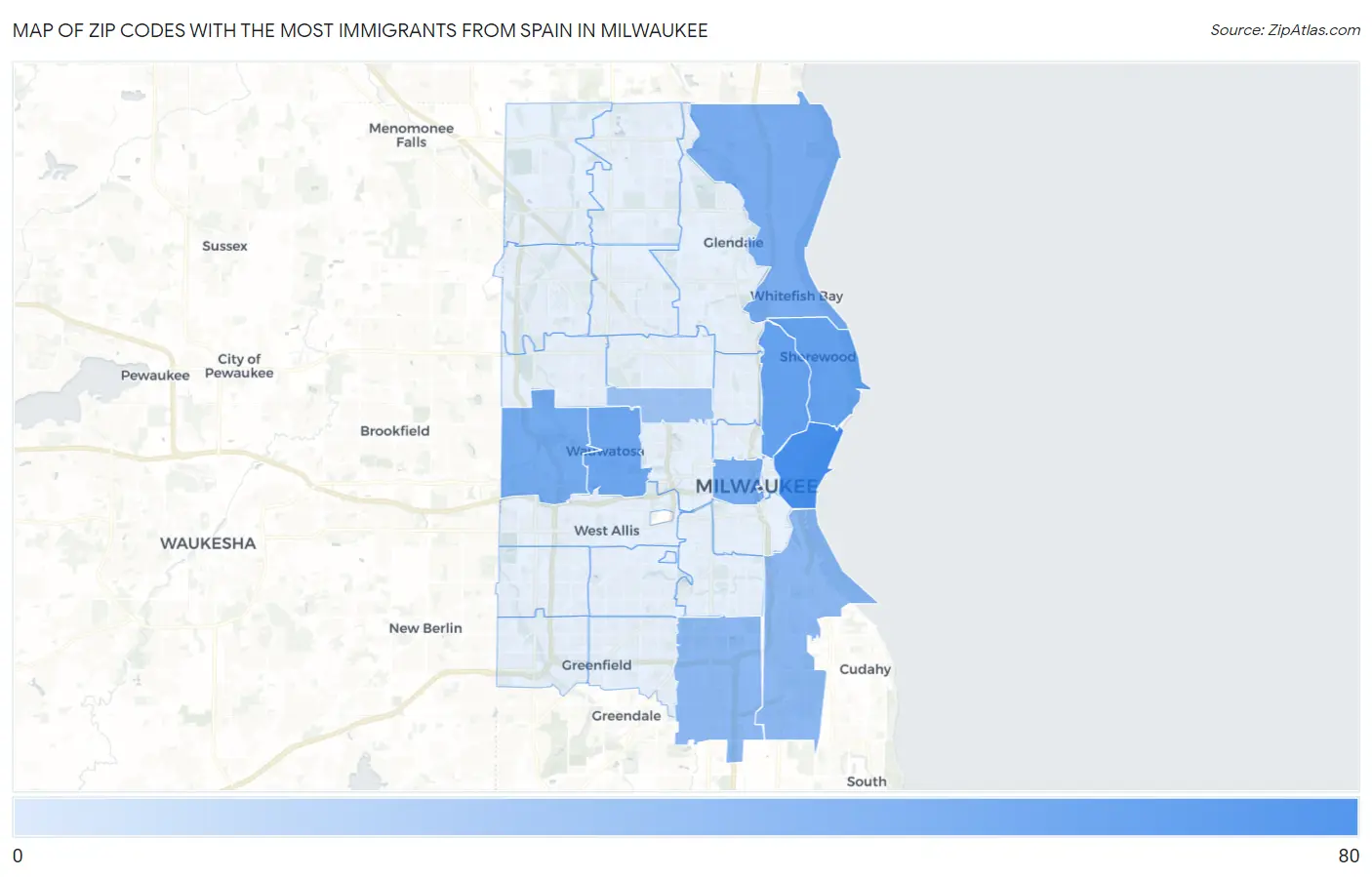 Zip Codes with the Most Immigrants from Spain in Milwaukee Map