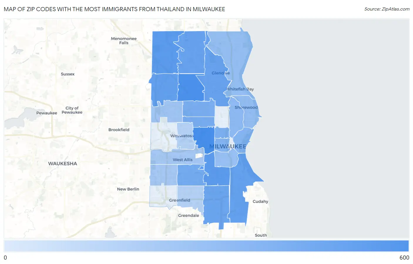 Zip Codes with the Most Immigrants from Thailand in Milwaukee Map