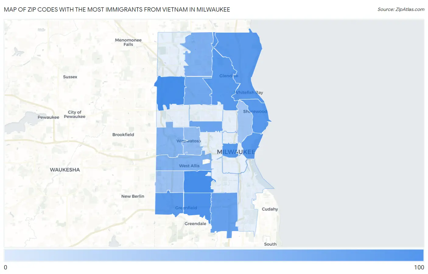 Zip Codes with the Most Immigrants from Vietnam in Milwaukee Map