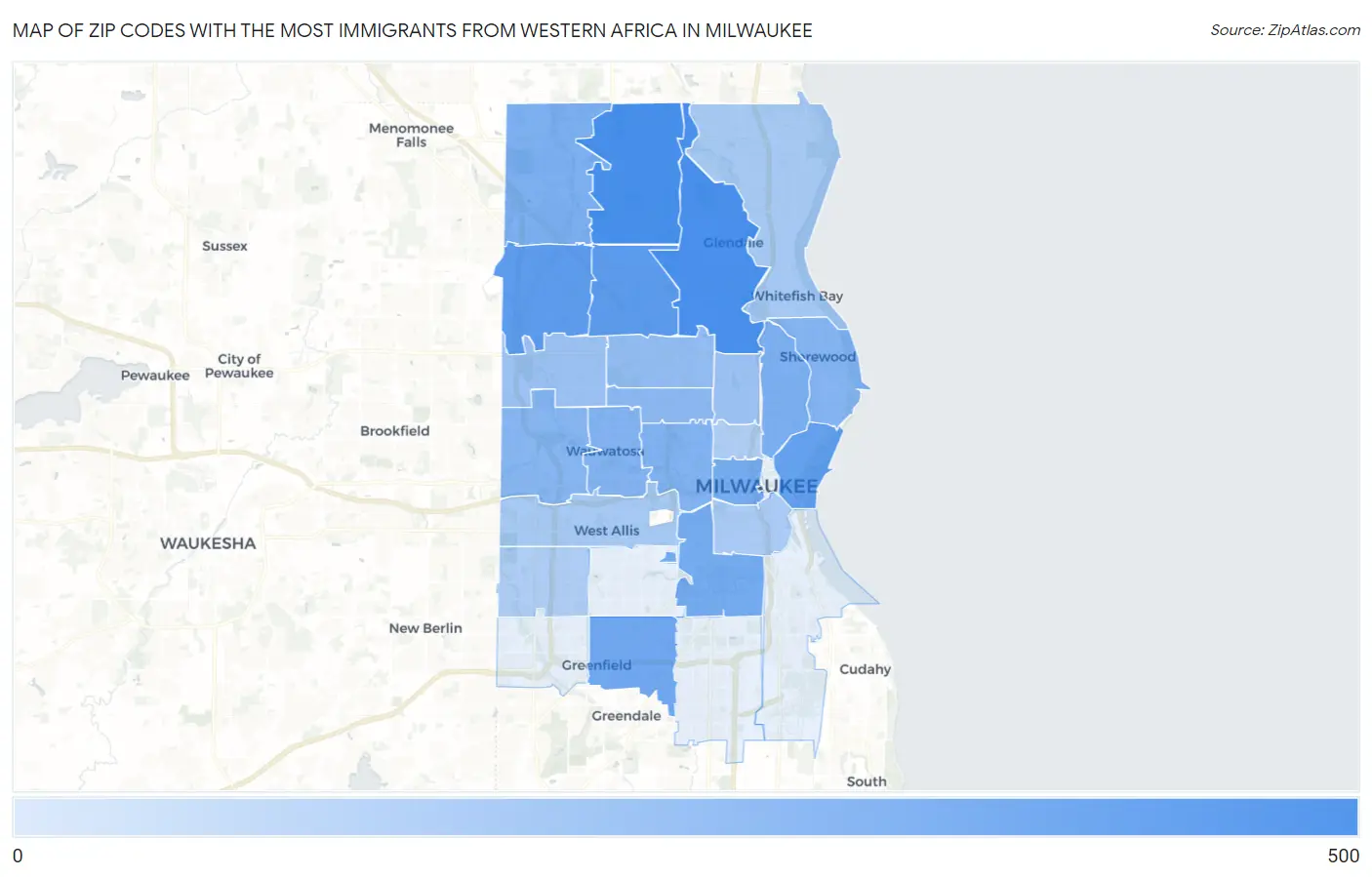 Zip Codes with the Most Immigrants from Western Africa in Milwaukee Map