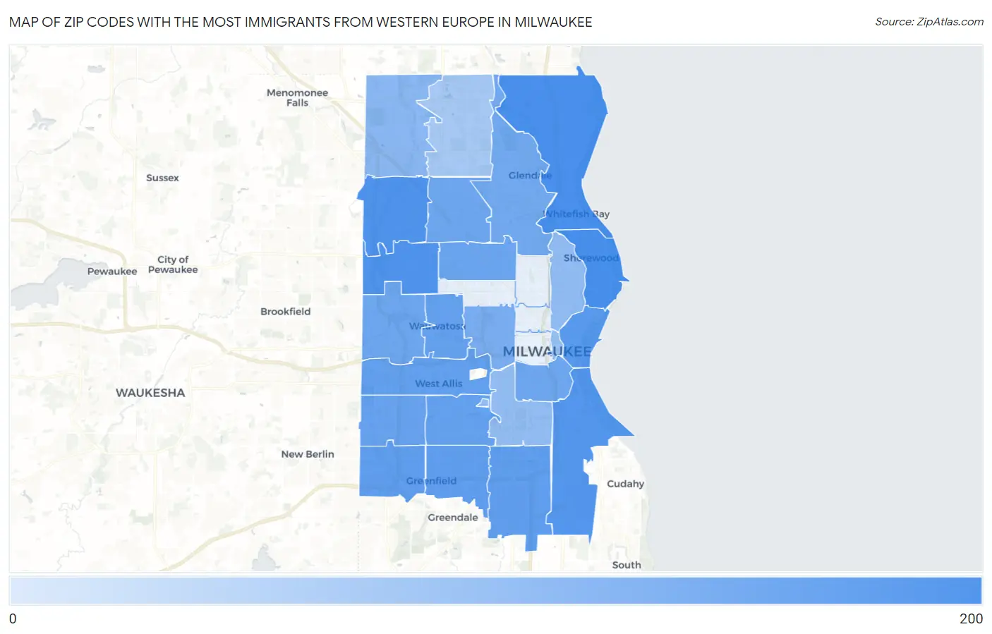 Zip Codes with the Most Immigrants from Western Europe in Milwaukee Map