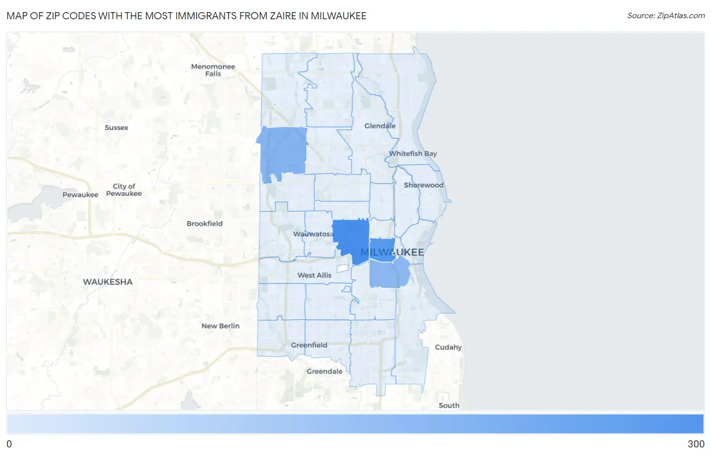 Zip Codes with the Most Immigrants from Zaire in Milwaukee Map