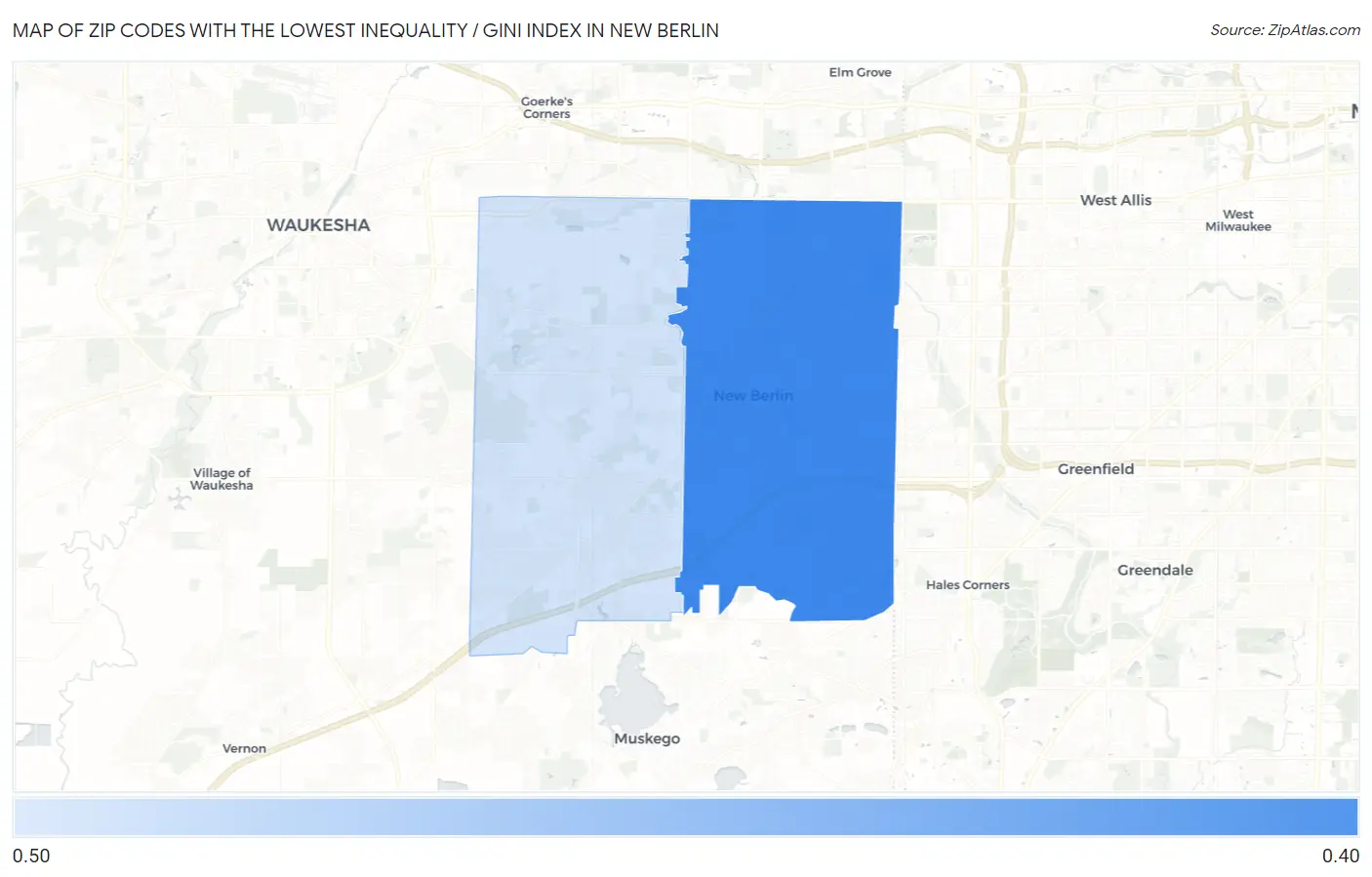 Zip Codes with the Lowest Inequality / Gini Index in New Berlin Map