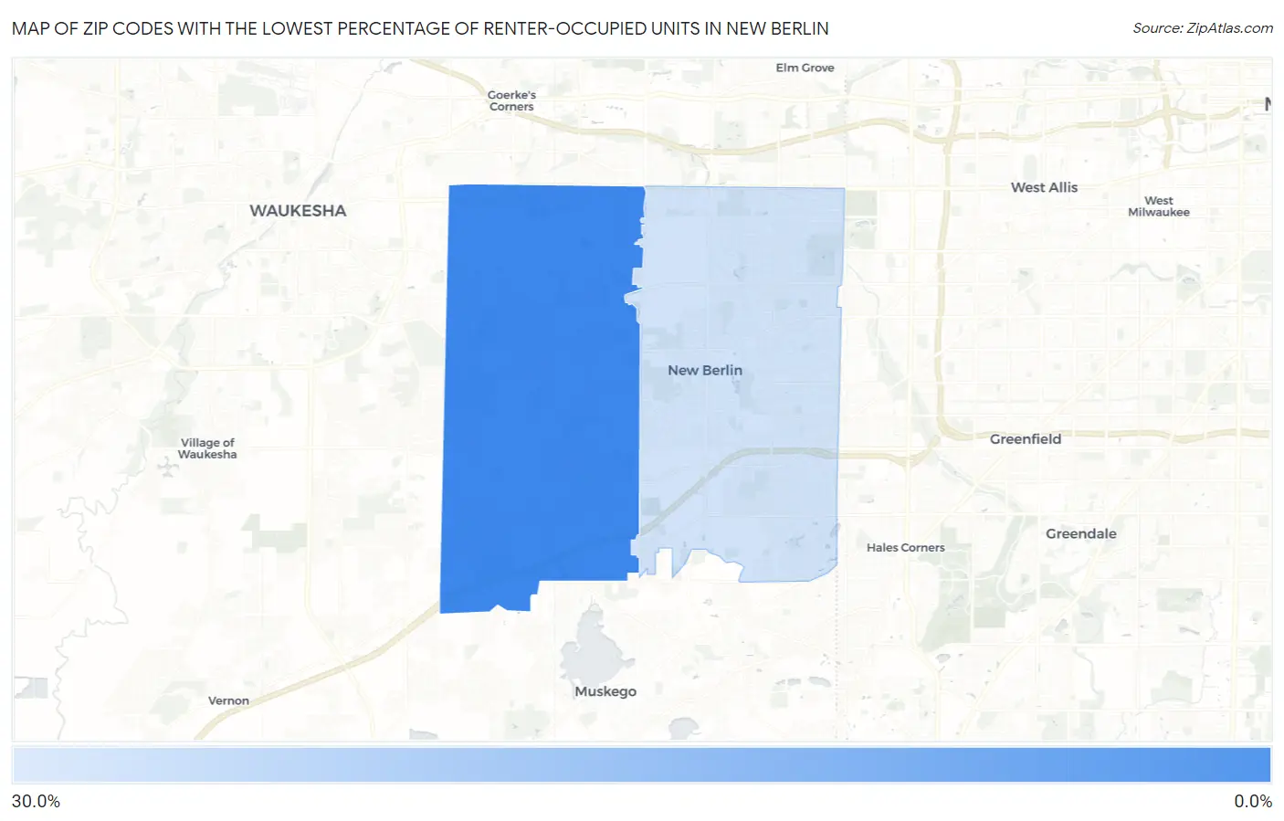 Zip Codes with the Lowest Percentage of Renter-Occupied Units in New Berlin Map