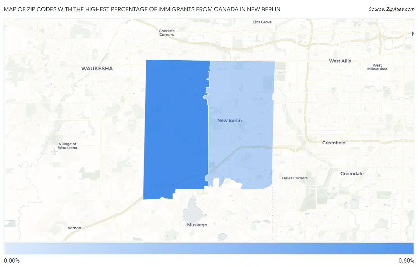 Zip Codes with the Highest Percentage of Immigrants from Canada in New Berlin Map