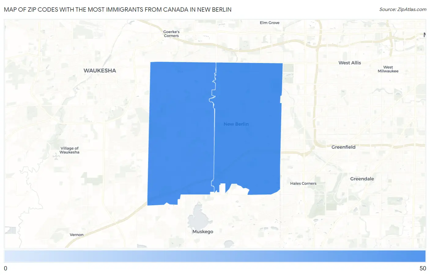 Zip Codes with the Most Immigrants from Canada in New Berlin Map
