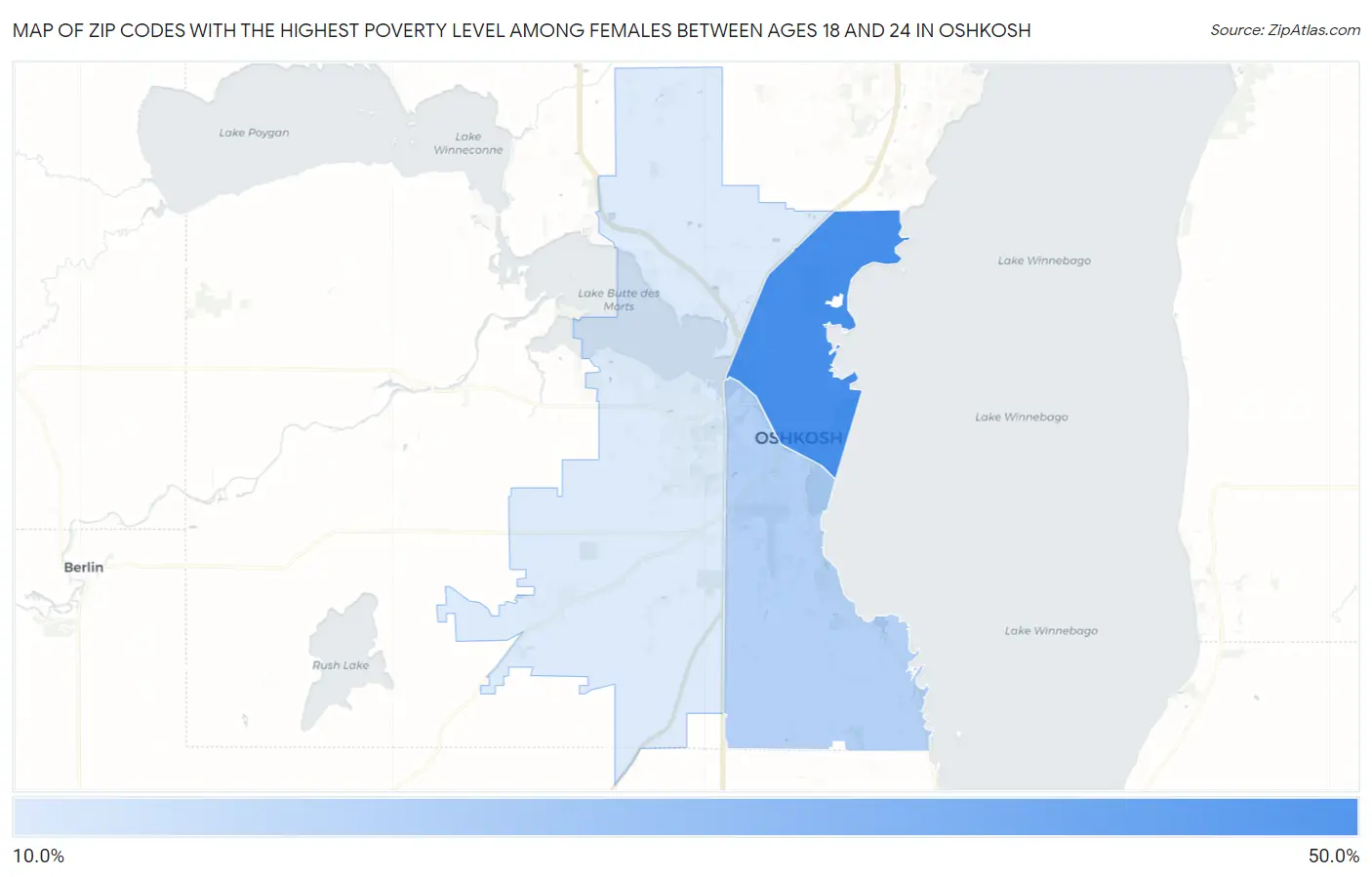 Zip Codes with the Highest Poverty Level Among Females Between Ages 18 and 24 in Oshkosh Map