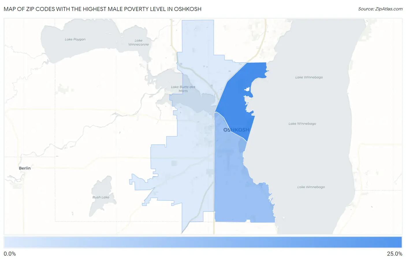 Zip Codes with the Highest Male Poverty Level in Oshkosh Map