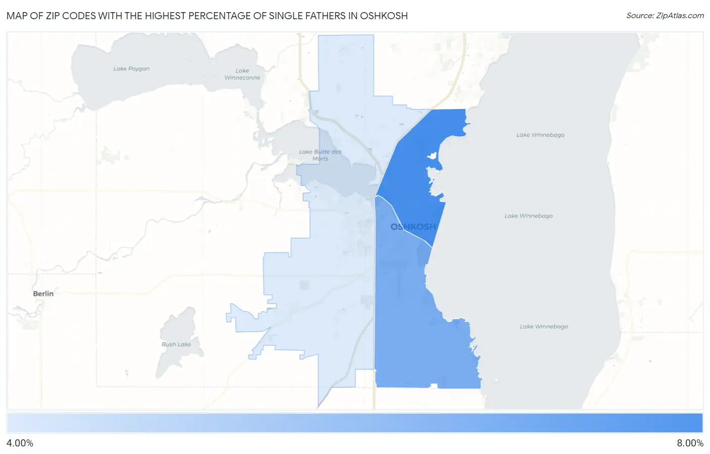 Zip Codes with the Highest Percentage of Single Fathers in Oshkosh Map