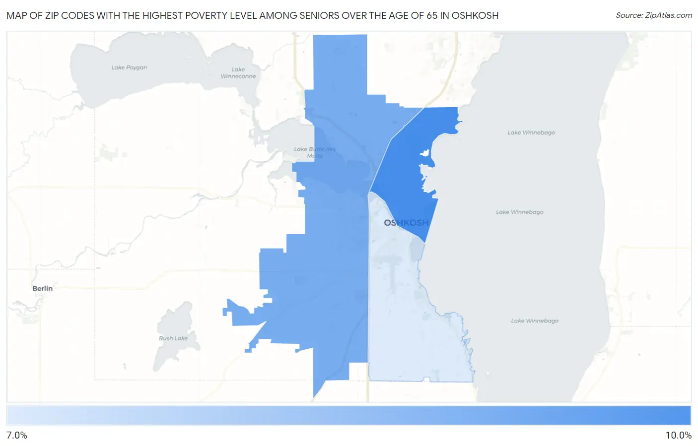 Zip Codes with the Highest Poverty Level Among Seniors Over the Age of 65 in Oshkosh Map