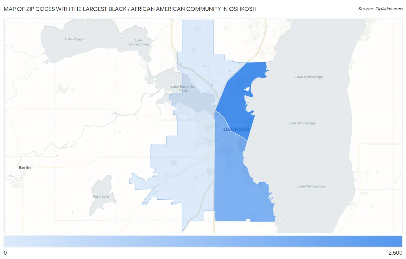 Zip Codes with the Largest Black / African American Community in Oshkosh Map