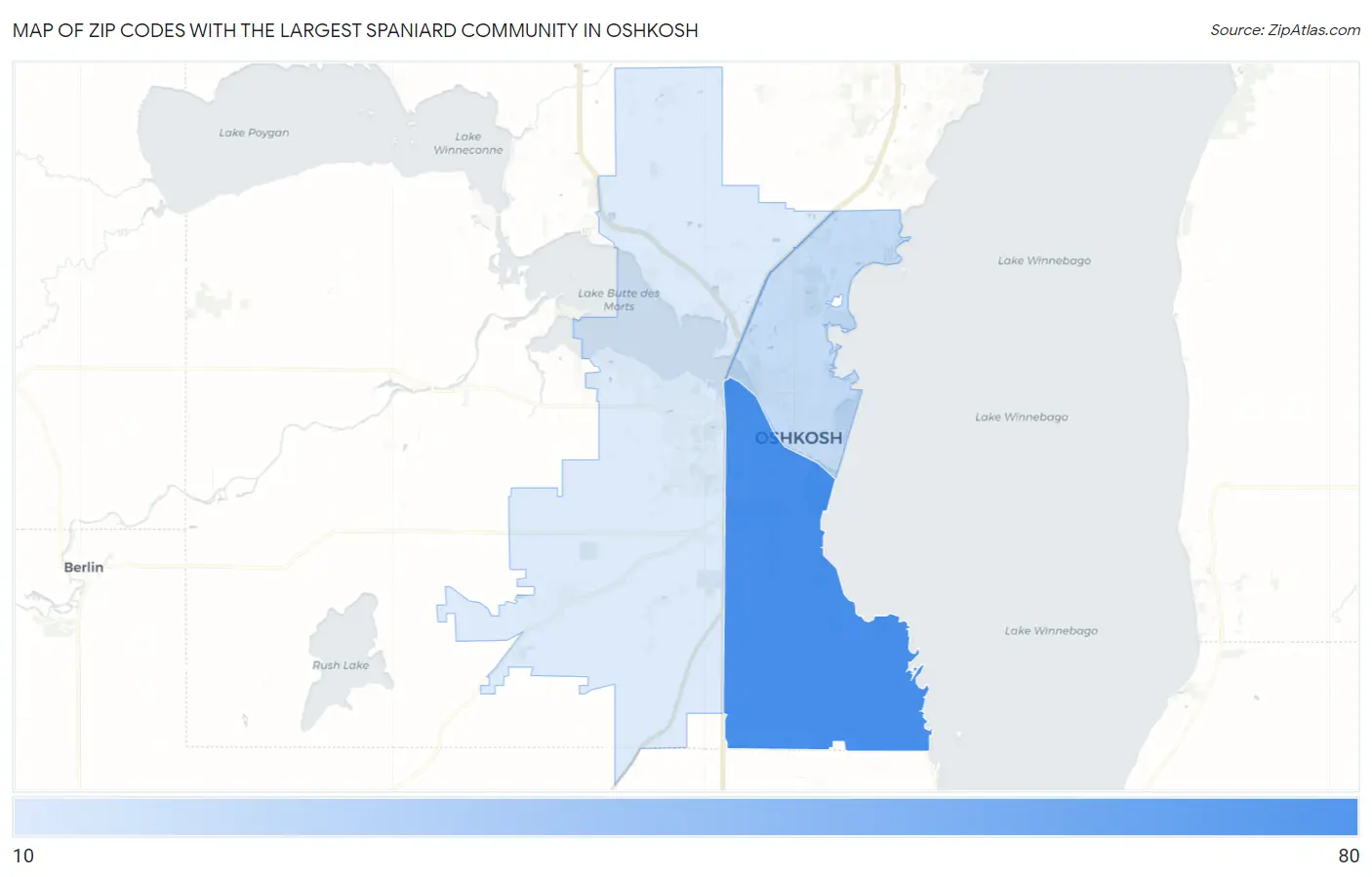 Zip Codes with the Largest Spaniard Community in Oshkosh Map