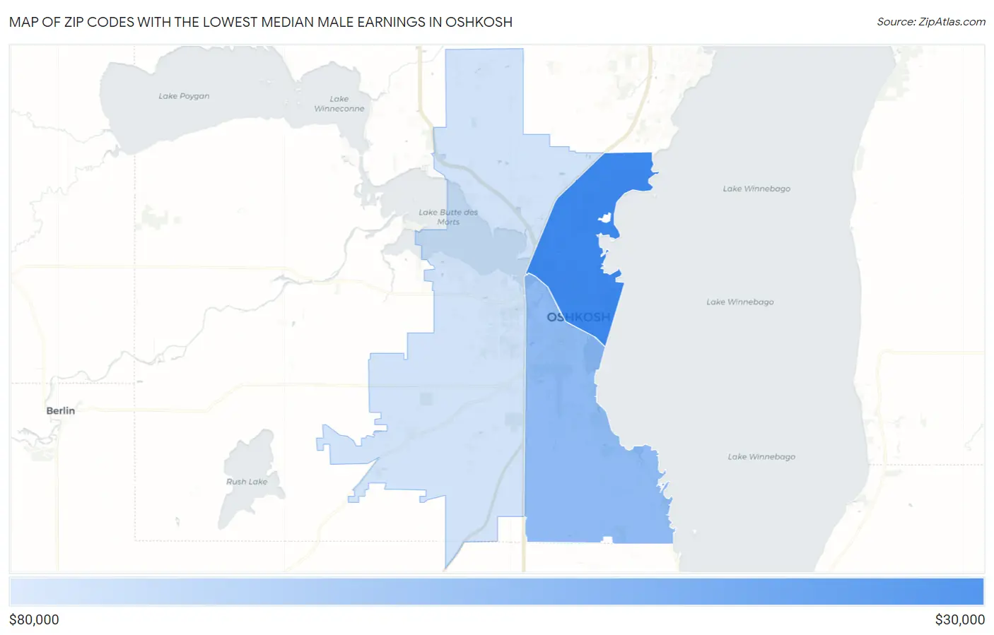 Zip Codes with the Lowest Median Male Earnings in Oshkosh Map