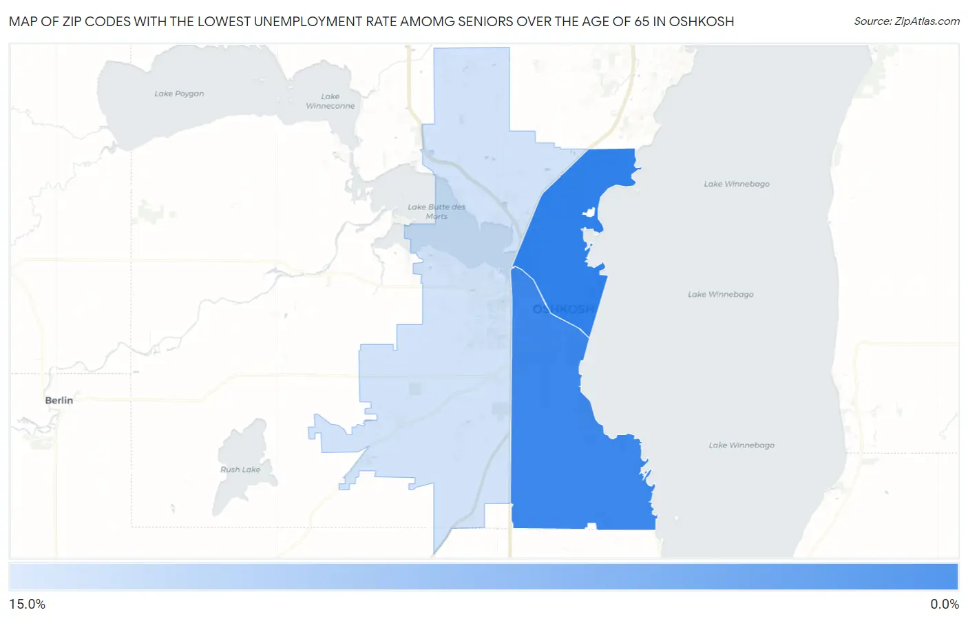 Zip Codes with the Lowest Unemployment Rate Amomg Seniors Over the Age of 65 in Oshkosh Map