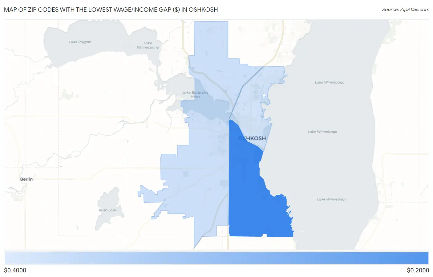 Zip Codes with the Lowest Wage/Income Gap ($) in Oshkosh Map