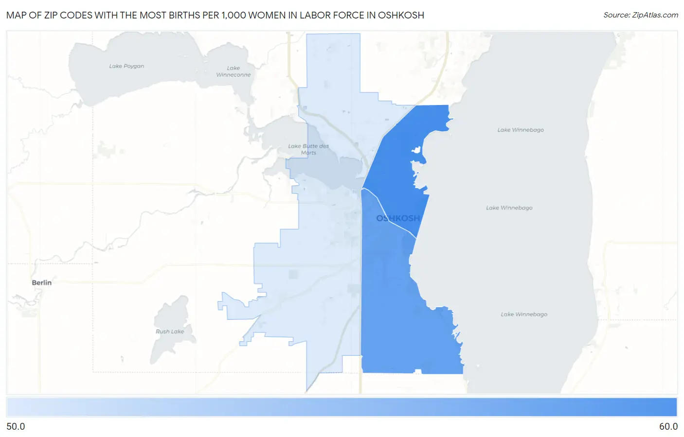 Zip Codes with the Most Births per 1,000 Women in Labor Force in Oshkosh Map