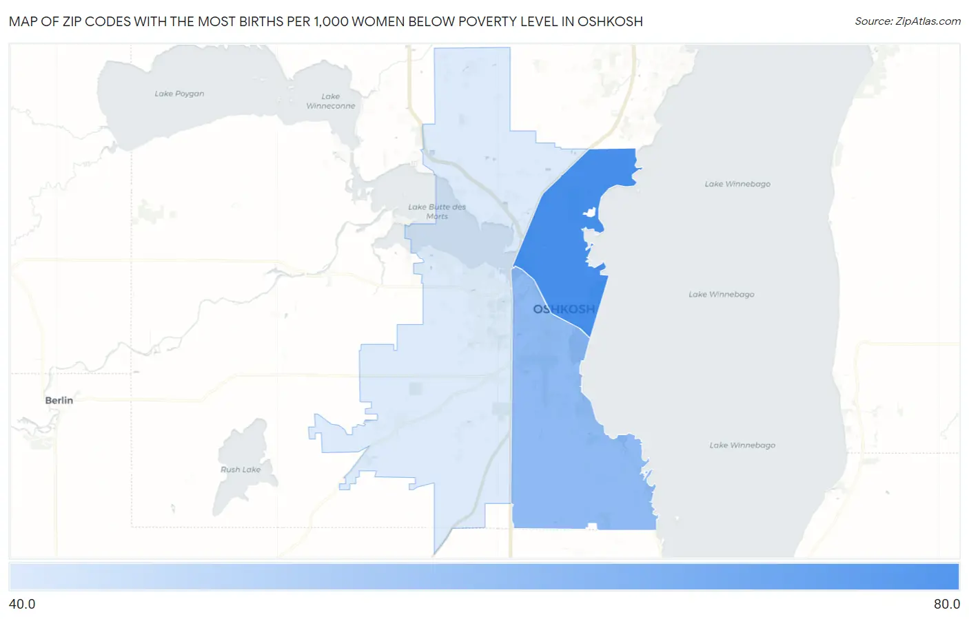 Zip Codes with the Most Births per 1,000 Women Below Poverty Level in Oshkosh Map