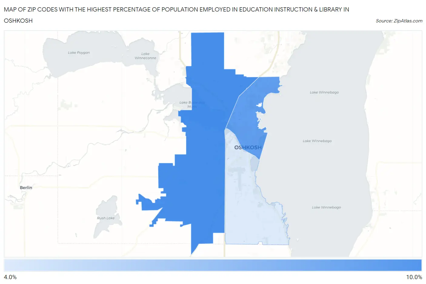 Zip Codes with the Highest Percentage of Population Employed in Education Instruction & Library in Oshkosh Map