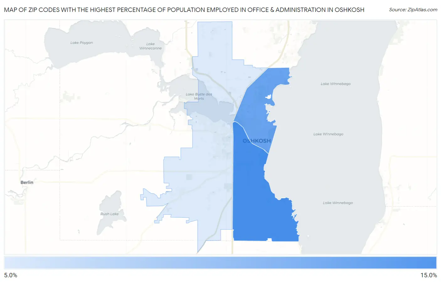 Zip Codes with the Highest Percentage of Population Employed in Office & Administration in Oshkosh Map
