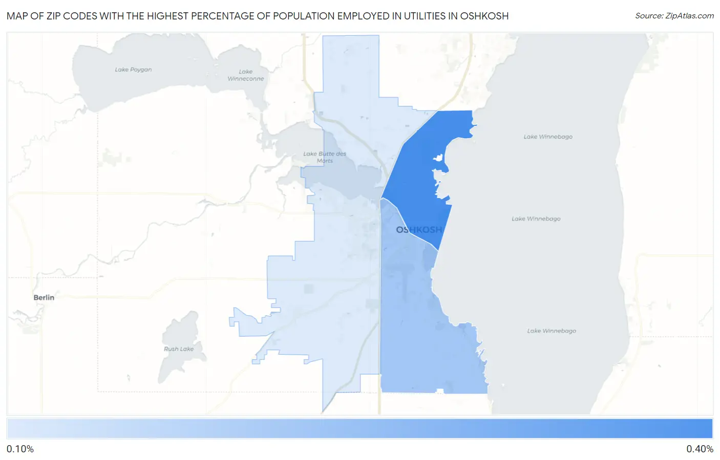 Zip Codes with the Highest Percentage of Population Employed in Utilities in Oshkosh Map