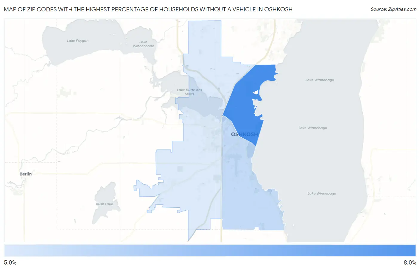 Zip Codes with the Highest Percentage of Households Without a Vehicle in Oshkosh Map