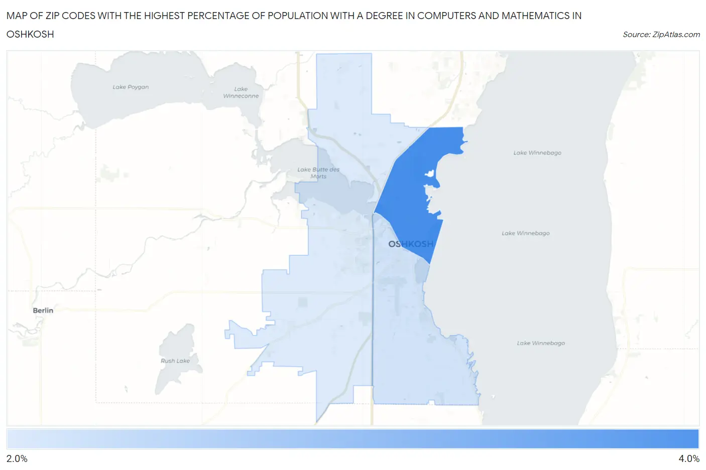 Zip Codes with the Highest Percentage of Population with a Degree in Computers and Mathematics in Oshkosh Map