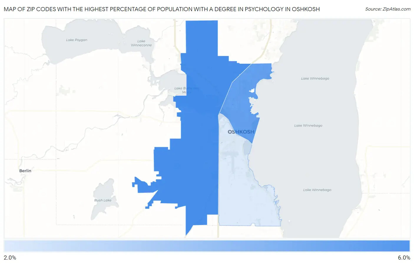 Zip Codes with the Highest Percentage of Population with a Degree in Psychology in Oshkosh Map
