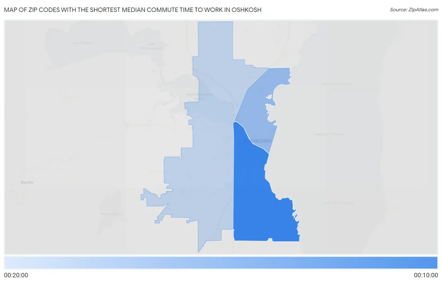Zip Codes with the Shortest Median Commute Time to Work in Oshkosh Map