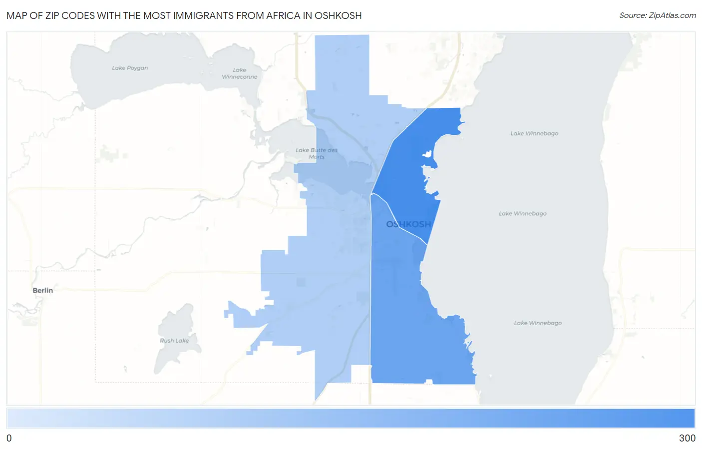 Zip Codes with the Most Immigrants from Africa in Oshkosh Map