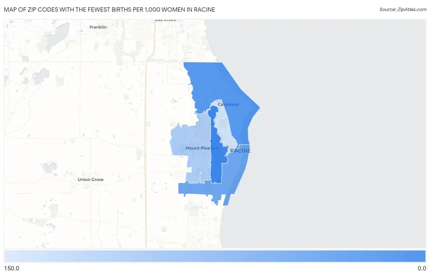 Zip Codes with the Fewest Births per 1,000 Women in Racine Map