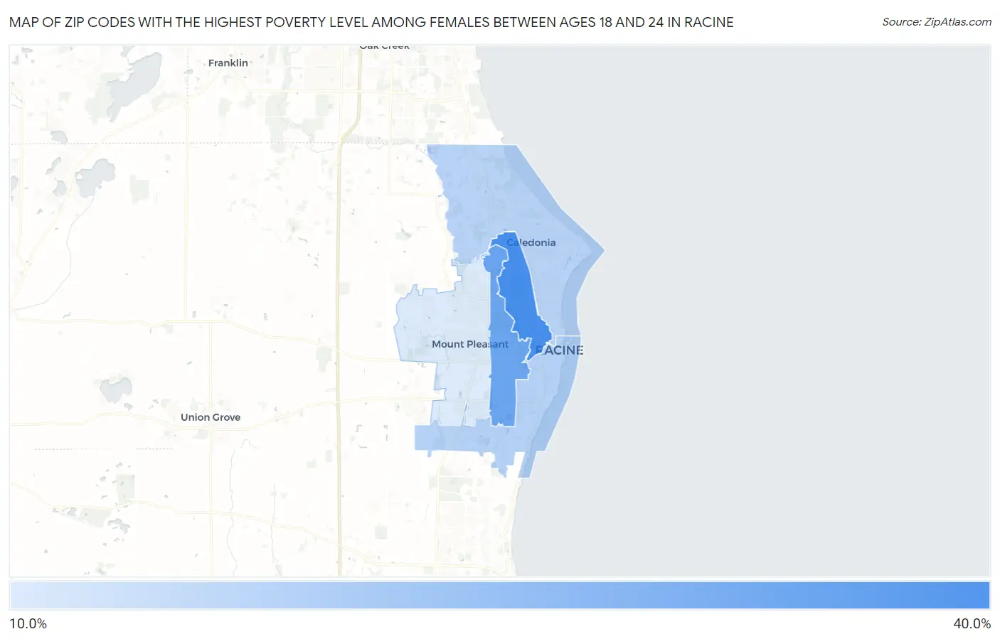 Zip Codes with the Highest Poverty Level Among Females Between Ages 18 and 24 in Racine Map