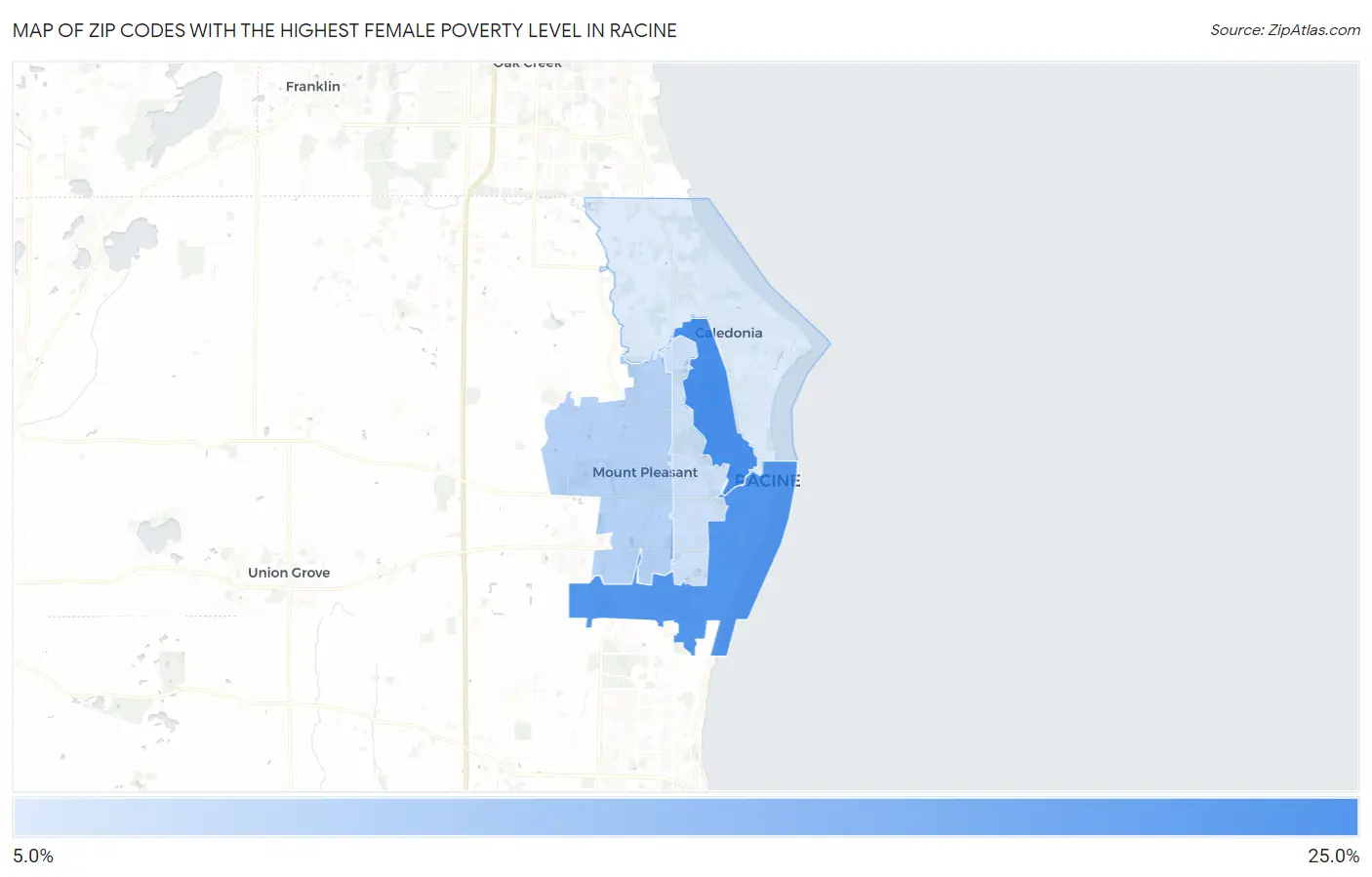 Zip Codes with the Highest Female Poverty Level in Racine Map