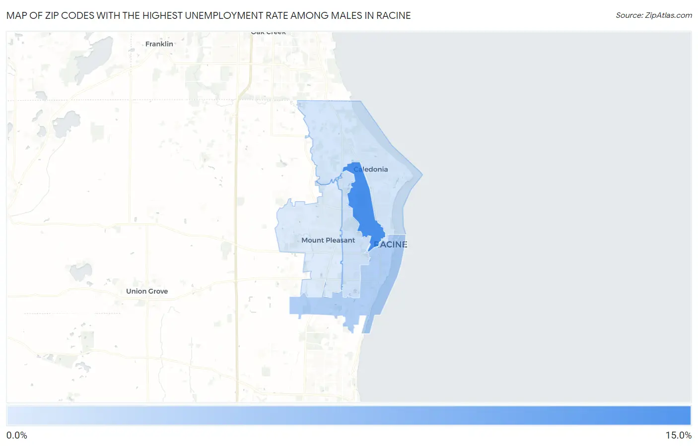 Zip Codes with the Highest Unemployment Rate Among Males in Racine Map