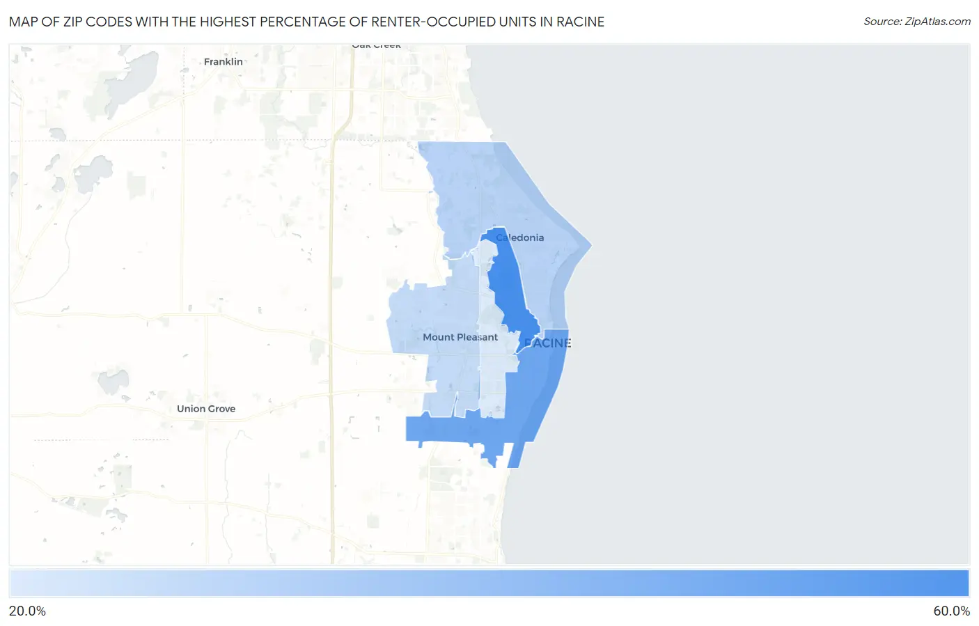 Zip Codes with the Highest Percentage of Renter-Occupied Units in Racine Map