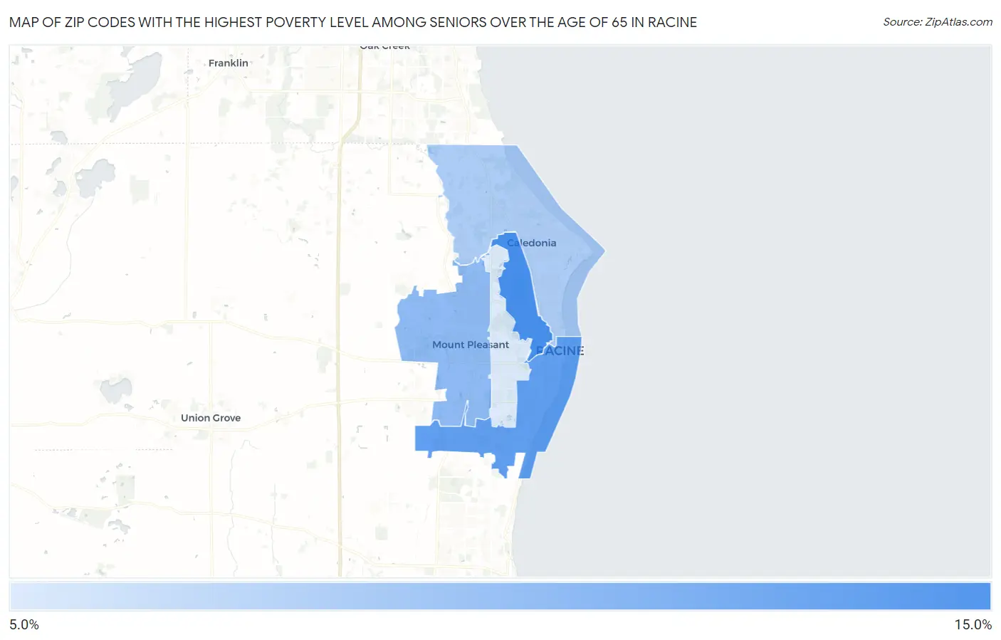 Zip Codes with the Highest Poverty Level Among Seniors Over the Age of 65 in Racine Map